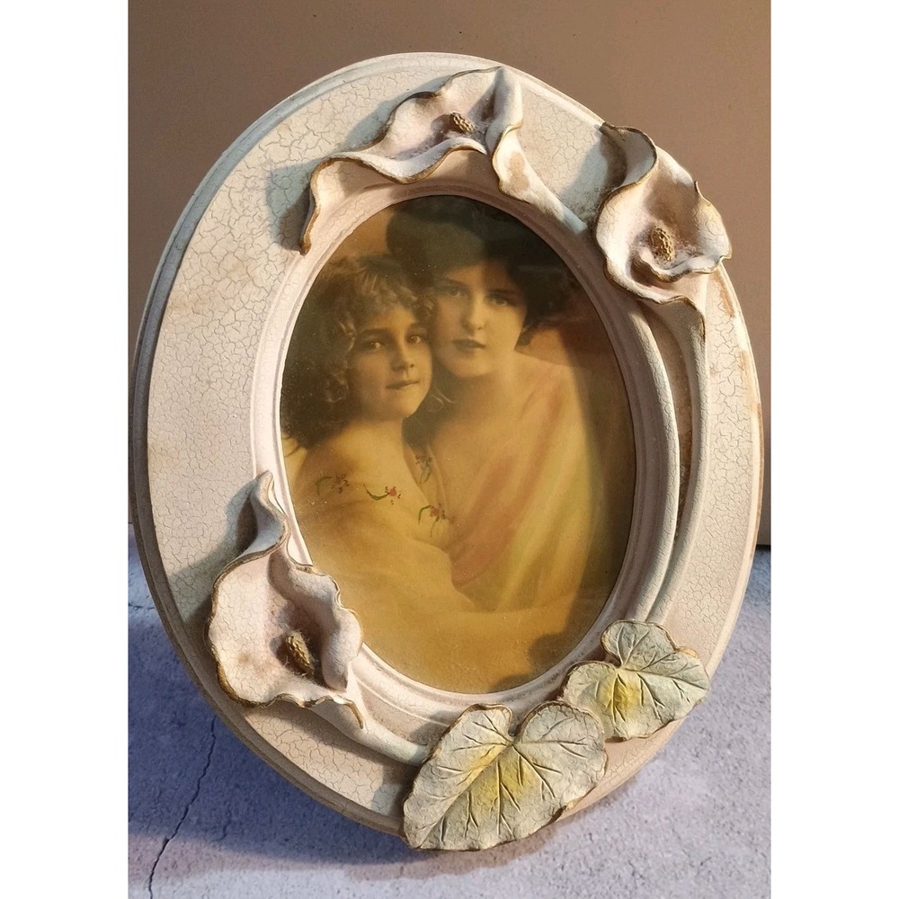 Vtg Tabletop Oval Picture Frame Iridescent Purple w 3D Roses Flowers Ribbons